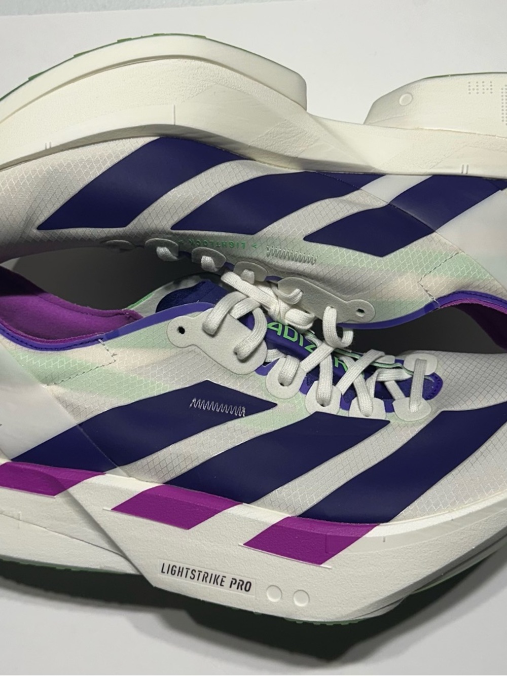 Adidas Adizero Adios Pro 4 'Core White Purple Lime Burst' JR1656 Men's Size 10.5